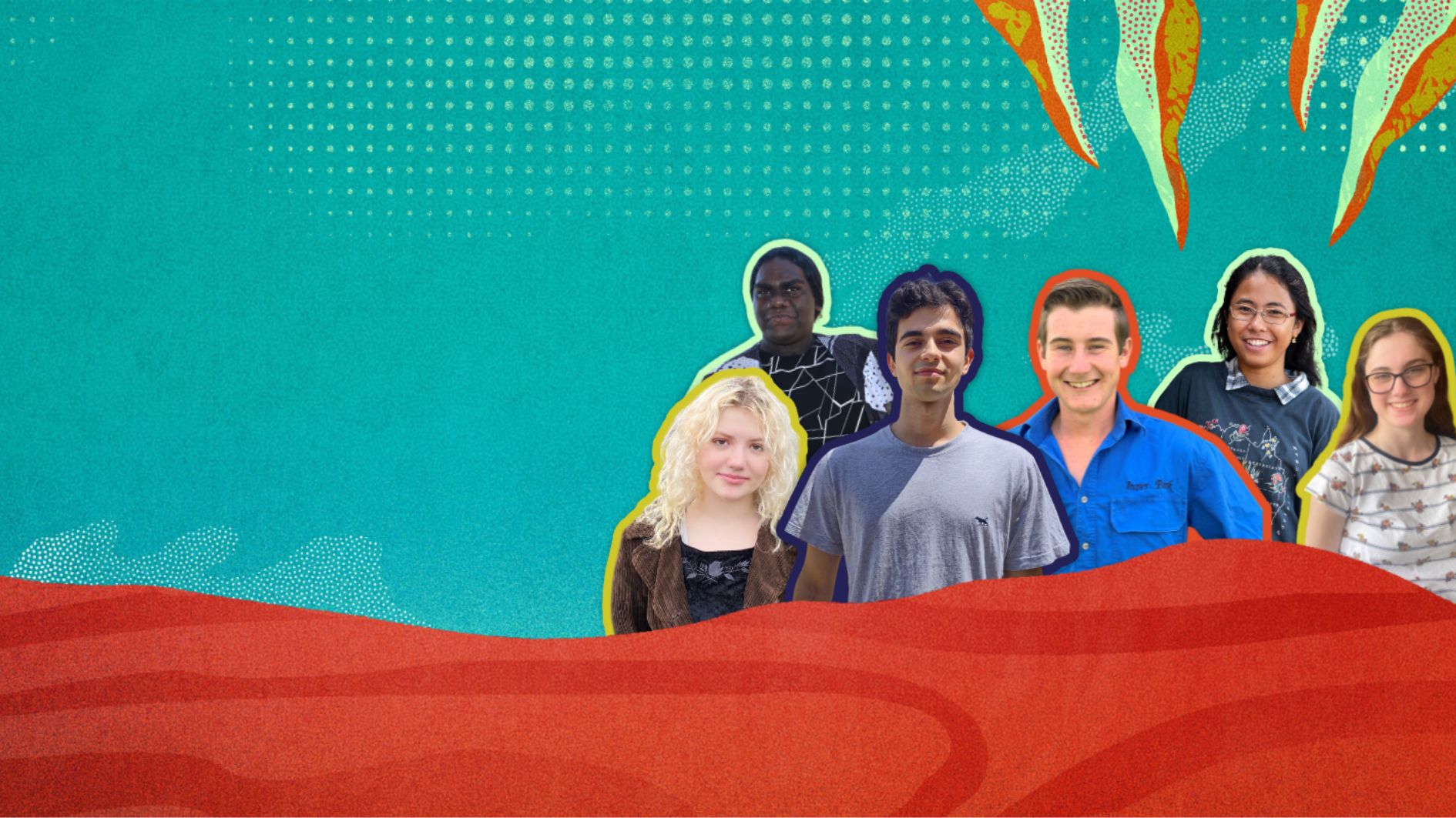 Trailblazers postcard, it has blue background, red section at bottom front and features the images of five 2023 Heywire winners