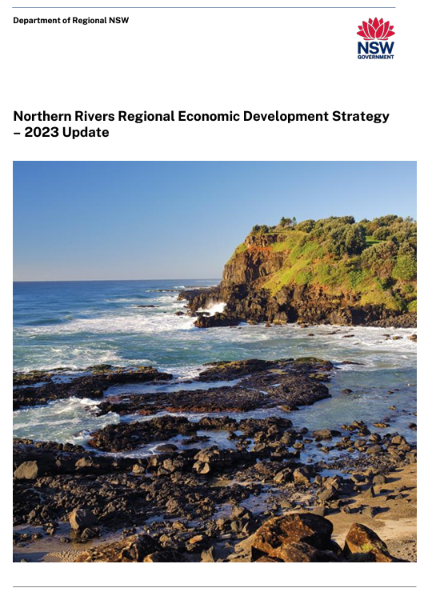 Cover of the Northern Rivers Regional Economic Strategy - 2023 Update. Features a photo of a rocky beach.